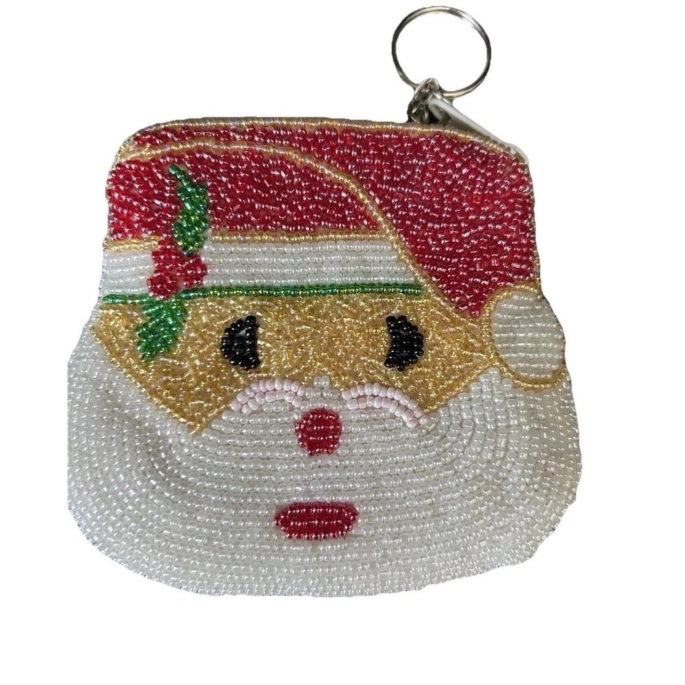 Beaded Coin Purse Santa Claus Key Ring Chain Zipper Beading Both Sides